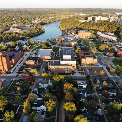 Wide angle drone view of all campus and neighborhood